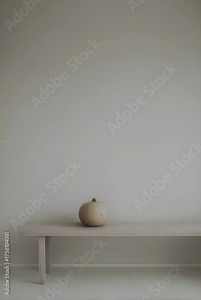 Fototapeta Minimal Cream Pumpkin on Wooden Bench with Soft Neutral Wall
