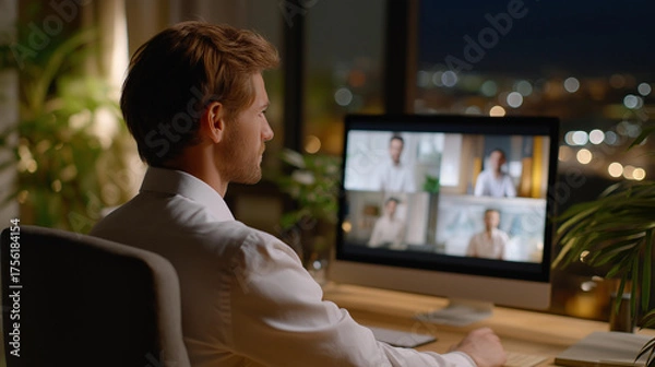 Fototapeta An office worker in a ghost costume sitting at a desk while joining a video call with remote colleagues displayed on a computer screen representing remote teamwork holiday