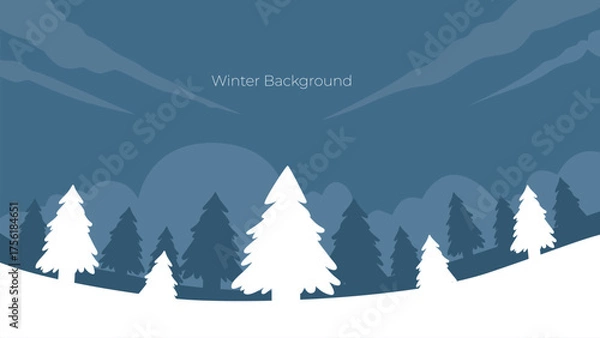 Fototapeta illustration background for winter snowy pine forest with dark sky, in flat style