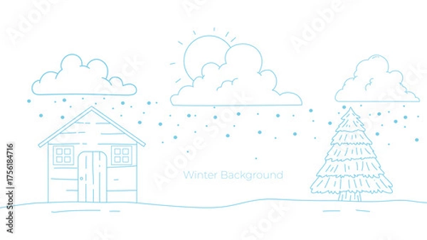 Fototapeta background illustration for winter with pine trees and houses, illustration in outline style