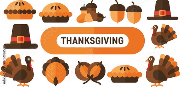 Obraz Thanksgiving Icons Featuring Turkeys Pies Acorns and Pilgrim Hats vector illustration