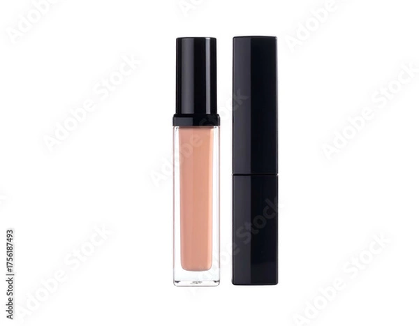 Fototapeta Two beauty cosmetic tubes with black caps, one open, both containing light-tone liquid