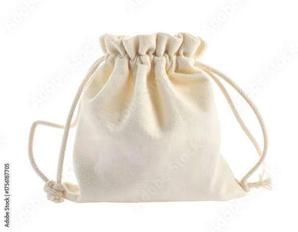 Fototapeta Close-up of a small, drawstring fabric bag in a neutral, off-white color
