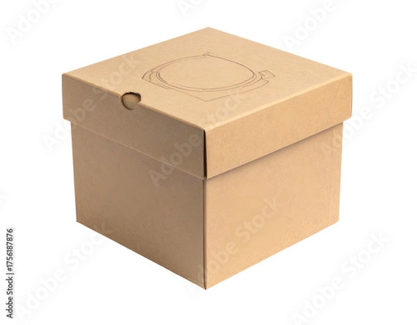 Fototapeta A brown cardboard box, closed, with a simple design on the lid, against a black background