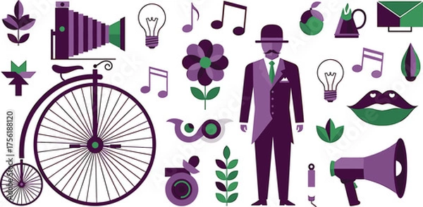 Fototapeta Vintage Penny Farthing Bicycle and Assorted Retro Style Objects Keywords: vintage, retro, penny farthing, bicycle, old, antique, wheel, transportation, object, collection, set, graphic, design