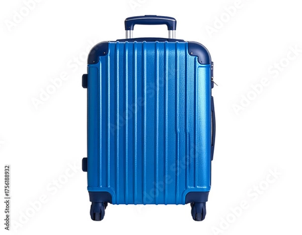 Fototapeta A bright blue upright carry-on suitcase with multiple vertical grooves against a black background