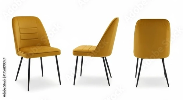 Obraz Modern mustard yellow velvet dining chairs set of three side views