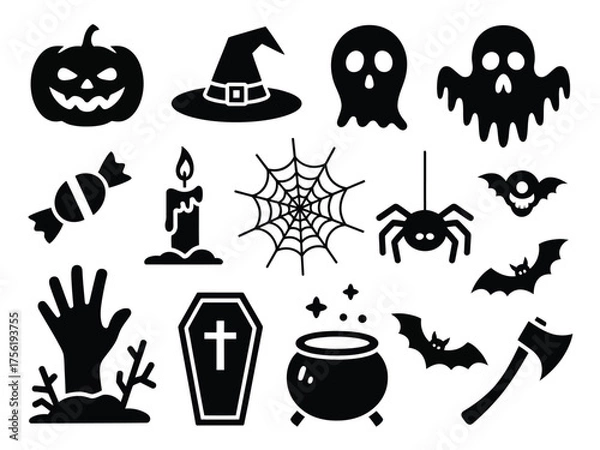 Fototapeta Spooky halloween silhouette vector icons collection festive symbols for seasonal design projects and decorations vector illustration white background