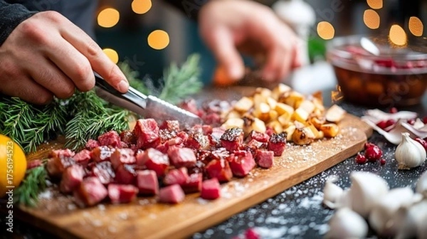 Obraz Chopped cured meat and roasted potatoes on a wooden board.  Hands cutting meat. Festive background