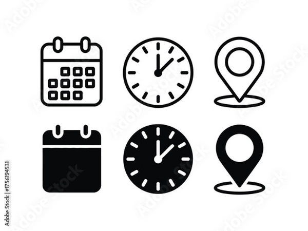Fototapeta Clean silhouette vector icons set of calendar clock and location pin graphics for digital design vector illustration white background