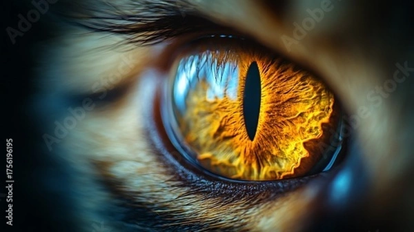 Obraz Close-up of cat eye with striking orange iris and narrow pupil in detail