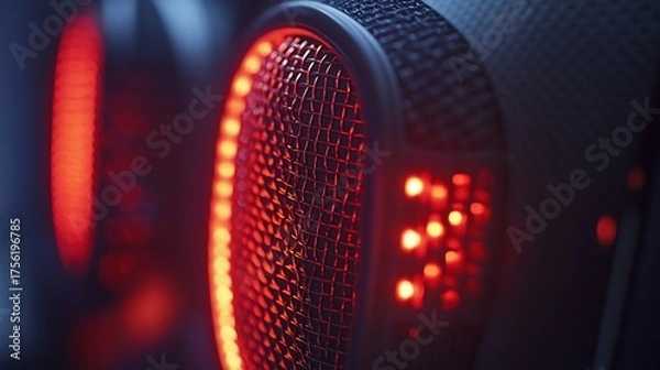 Obraz Close-up of gaming headset microphone with illuminated red indicator lights