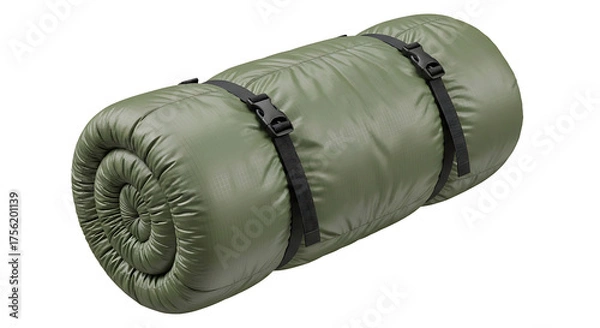 Obraz Rolled up olive green sleeping bag with compression straps for outdoor camping and hiking adventures isolated on transparent background