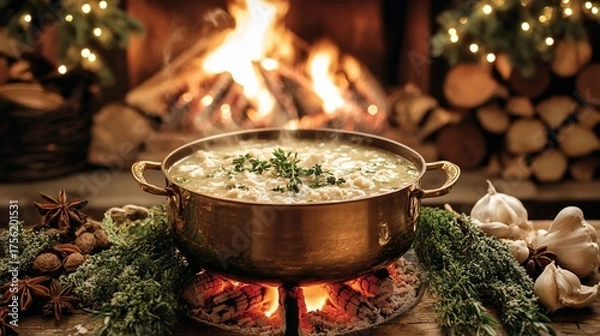 Obraz Cozy scene steaming soup near fireplace, logs, lights, & greenery on rustic table