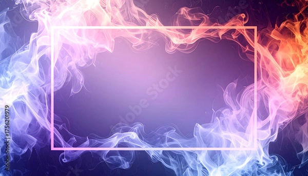 Fototapeta Smoky abstract frame purple background with blue and orange smoke swirl, elegant mystical atmosphere, soft gradient glow