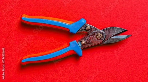 Fototapeta Utility Cutting Shears with Blue and Orange Handles on Red Surface