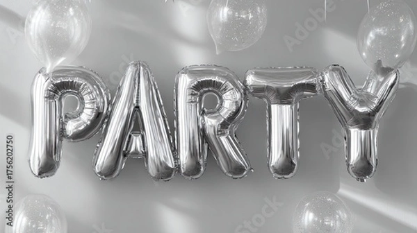 Obraz Silver Balloon Letters Spelling Party with Transparent Balloons and Soft Lighting