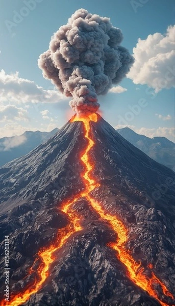 Fototapeta a dramatic view of a volcanic eruption with lava flowing down the slopes of a towering mountain under a cloudy blue sky.