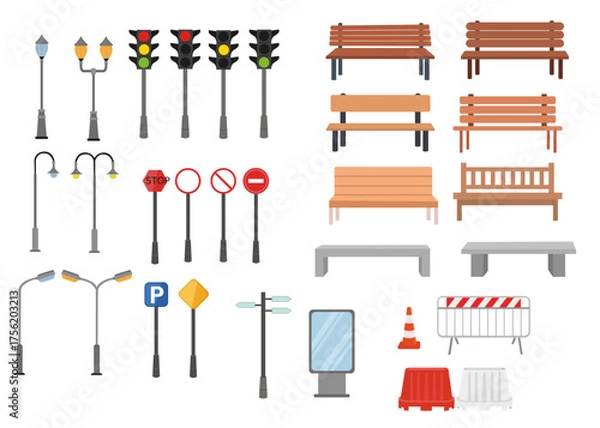 Fototapeta Urban Street Elements Vector Front View, Traffic Lights, Street Signs, Benches and Lamp Posts, bundle