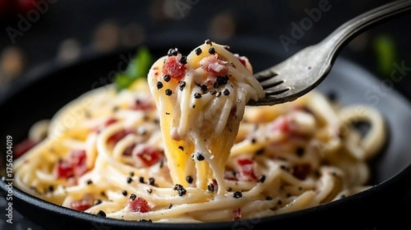 Obraz Delicious pasta dish with sauce, bacon, and black pepper on a fork