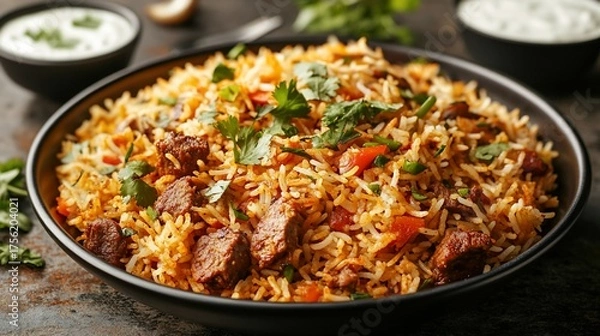 Obraz Delicious meat pilaf topped with cilantro in a dark bowl. Tasty