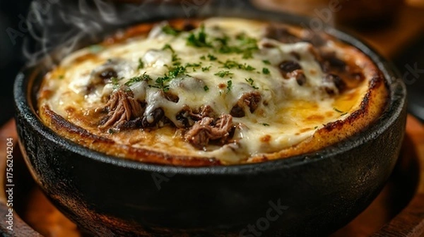 Obraz Delicious, steaming meat & cheese dish served in a rustic stone bowl