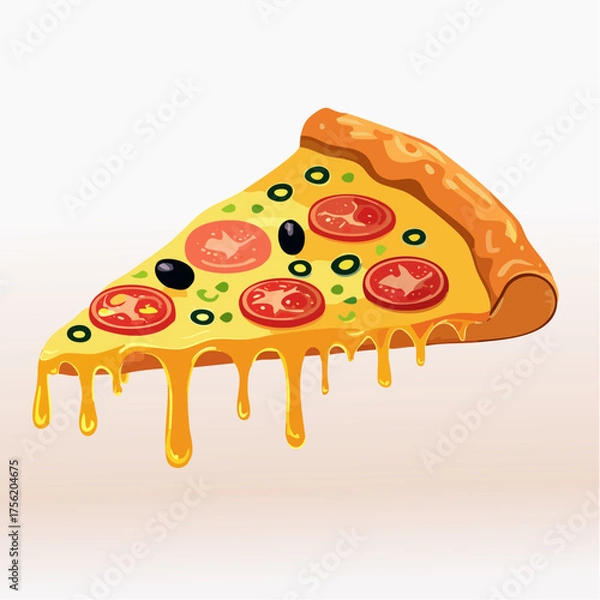 Fototapeta Cartoon Pizza Slice with Melting Cheese, Tomato, Olives, and Seasoning on Golden Crust in Appetizing Style
