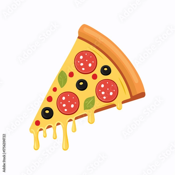 Fototapeta Cartoon Pizza Slice with Melting Cheese, Tomato, Olives, and Seasoning on Golden Crust in Appetizing Style