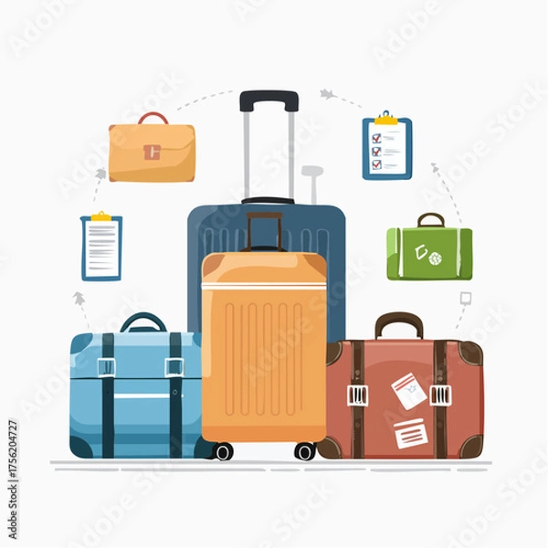 Fototapeta Three Stylish Suitcases in Teal, Yellow, and Brown with Clouds and Sparkles Representing Travel Preparation and Vacation Mood