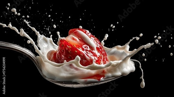 Fototapeta Strawberry Splash with Milk on Black Background Fresh Fruit and Dairy Drink