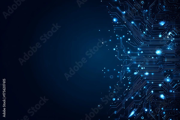 Fototapeta Abstract image of a glowing futuristic circuit board featuring neon blue lines, digital patterns, and intricate technology-inspired details.
