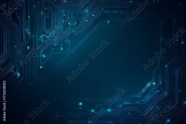 Fototapeta Abstract image of a glowing futuristic circuit board featuring neon blue lines, digital patterns, and intricate technology-inspired details.