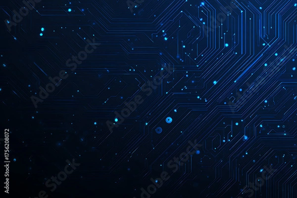 Fototapeta Abstract image of a glowing futuristic circuit board featuring neon blue lines, digital patterns, and intricate technology-inspired details.