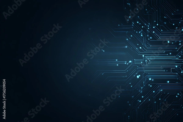 Fototapeta Abstract image of a glowing futuristic circuit board featuring neon blue lines, digital patterns, and intricate technology-inspired details.