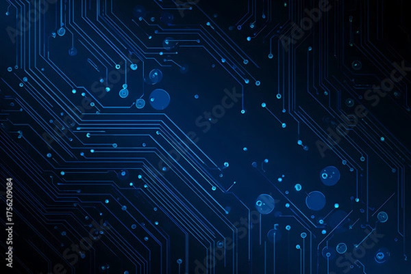 Fototapeta Abstract image of a glowing futuristic circuit board featuring neon blue lines, digital patterns, and intricate technology-inspired details.