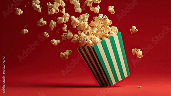Fototapeta Popcorn Falling From Striped Container in Studio with Red Background