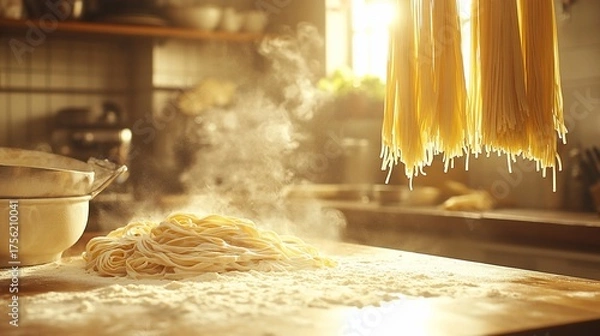 Obraz Fresh pasta drying in a warm kitchen, steam rising from cooked noodles