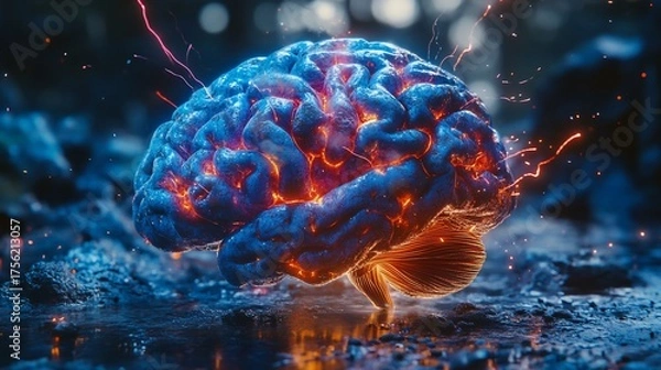 Obraz Glowing brain with electric sparks on ground