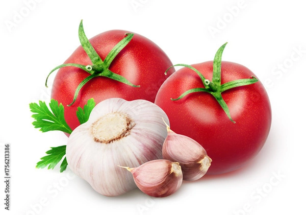 Fototapeta Two whole tomatoes and garlic with segments isolated on white background