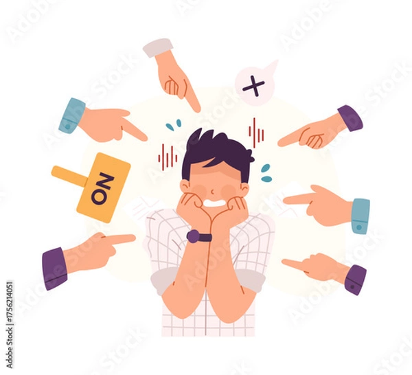 Obraz Illustration of fearful office worker surrounded by pointing hands and rejection sign representing workplace criticism and fear of failure. Concept of social pressure and workplace anxiety