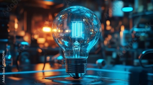 Obraz Glowing lightbulb on metal surface, vibrant colors with blurry background, technology focus