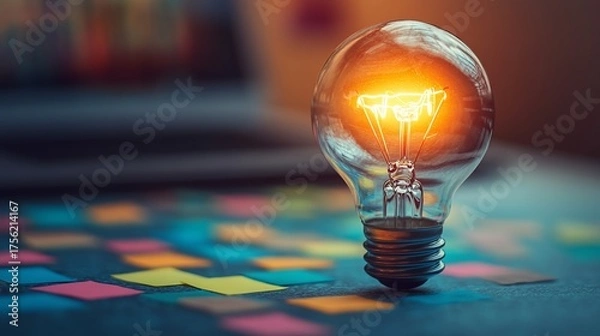 Obraz Glowing lightbulb on sticky notes, symbolizing ideas and creativity