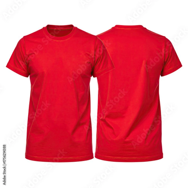 Fototapeta Two views of a plain red crew neck t-shirt, front and back, isolated on a black background