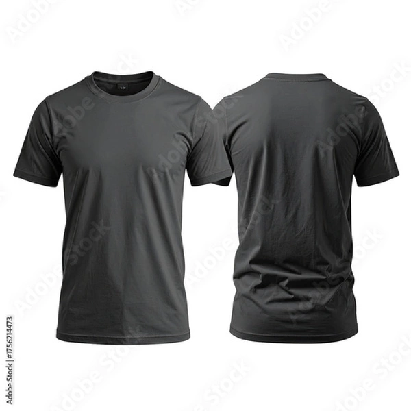 Fototapeta Two views of a charcoal gray crewneck t-shirt, front and back, on a black background