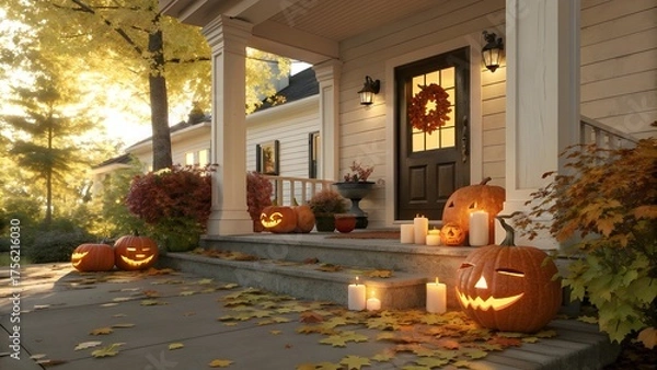 Fototapeta Festive Halloween porch with glowing jack-o-lanterns and candles autumn leaves scattered around creating a warm and inviting seasonal scene