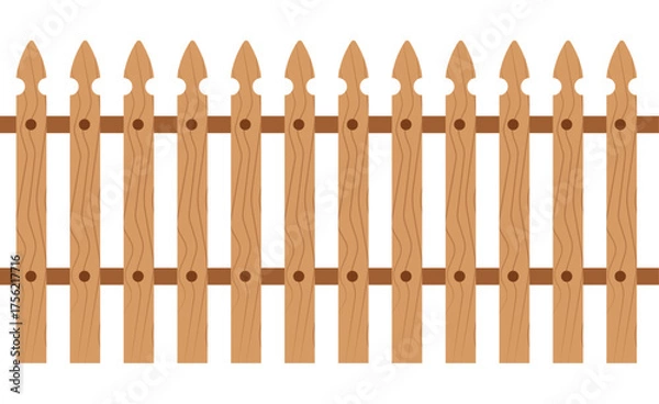 Fototapeta Realistic vector illustration of a picket fence with light brown wooden planks and detailed wood grain texture. Continuous border representing a garden, boundary, or home security. Isolated on white.