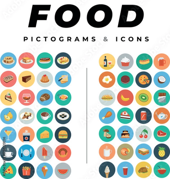 Fototapeta Food Pictograms And Icons Set For Graphic Design, Menus, Branding, And Digital Media