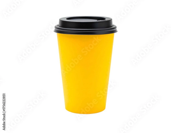 Obraz A tall, bright yellow insulated takeaway coffee cup with a black lid, isolated on black
