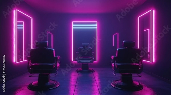 Obraz Neon-lit barbershop with three chairs and mirrors