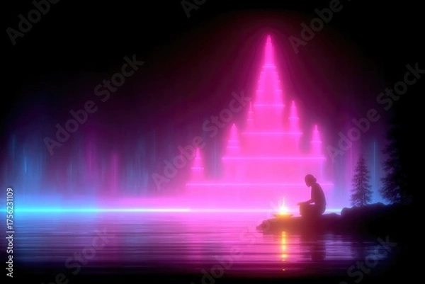 Fototapeta Illuminated silhouette near tranquil water, vibrant neon structures in background
